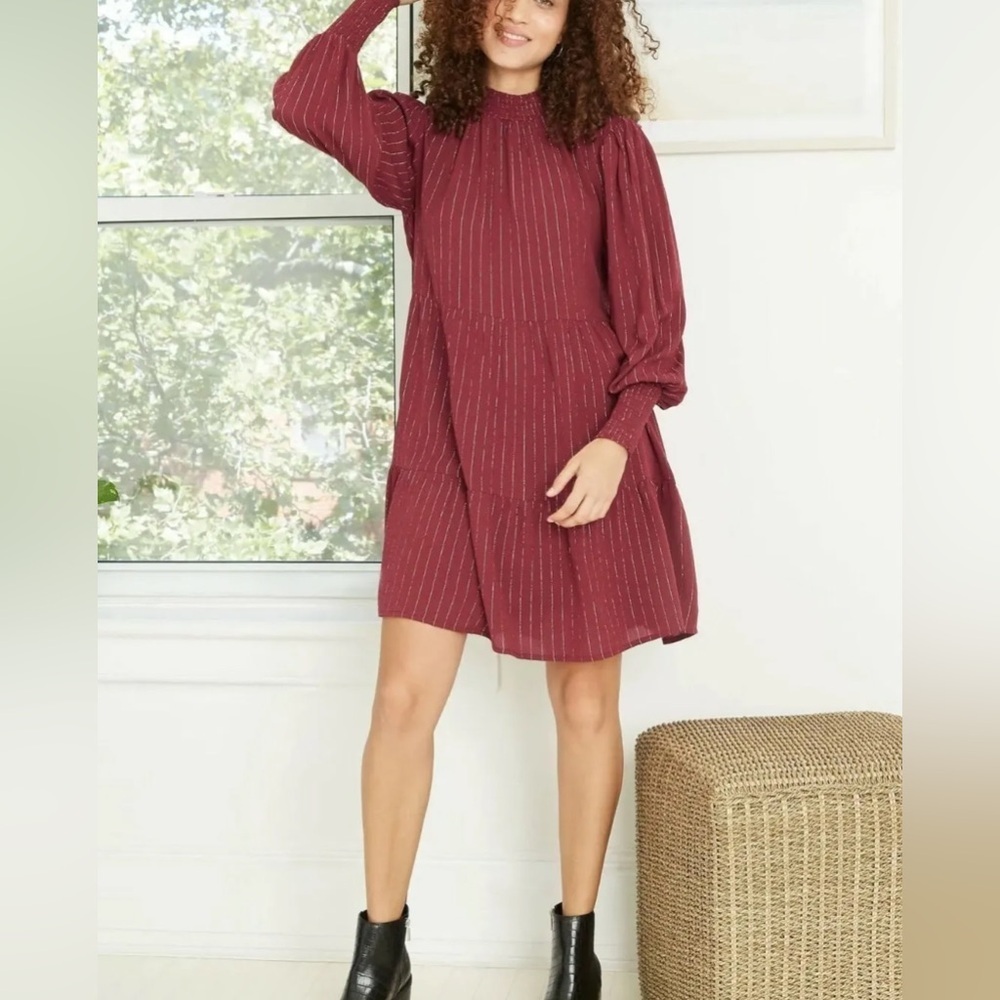 Knox Rose Metallic‎ Striped Bishop Long Sleeve Tiered Tunic Dress Large